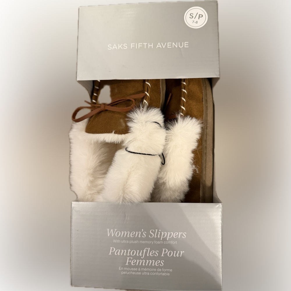 Saks Fifth Avenue Tan Slippers with faux fur lining - PERFECT GIFT! New in box